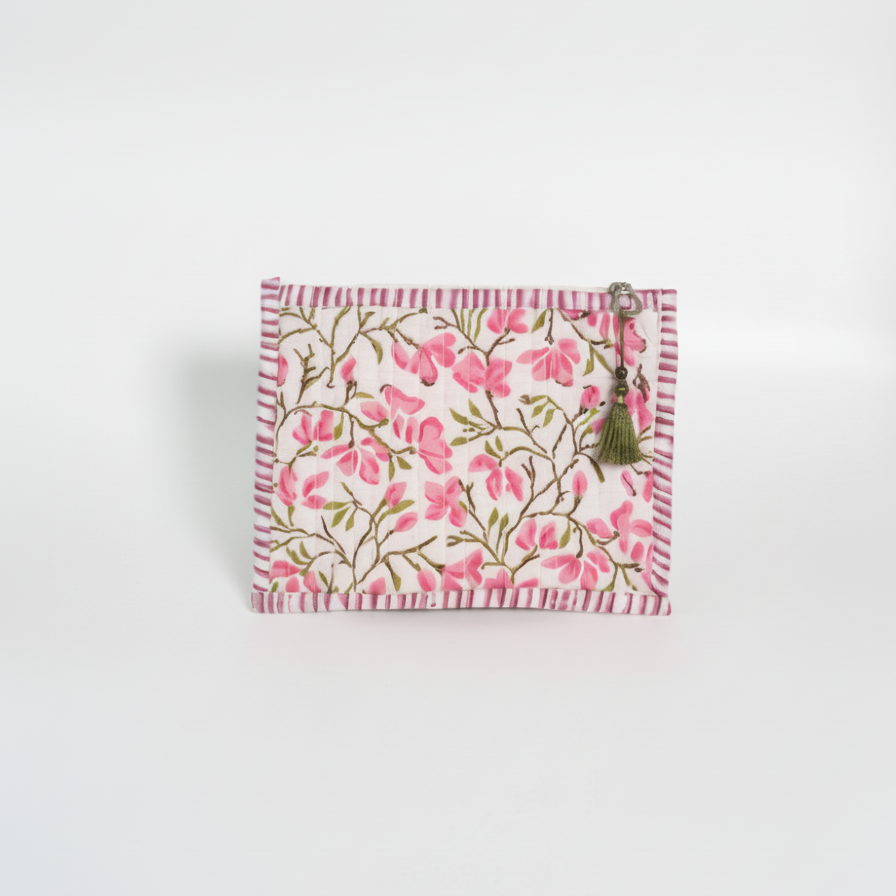 White Pink Sanganeri Floral Print Fabric Pouch