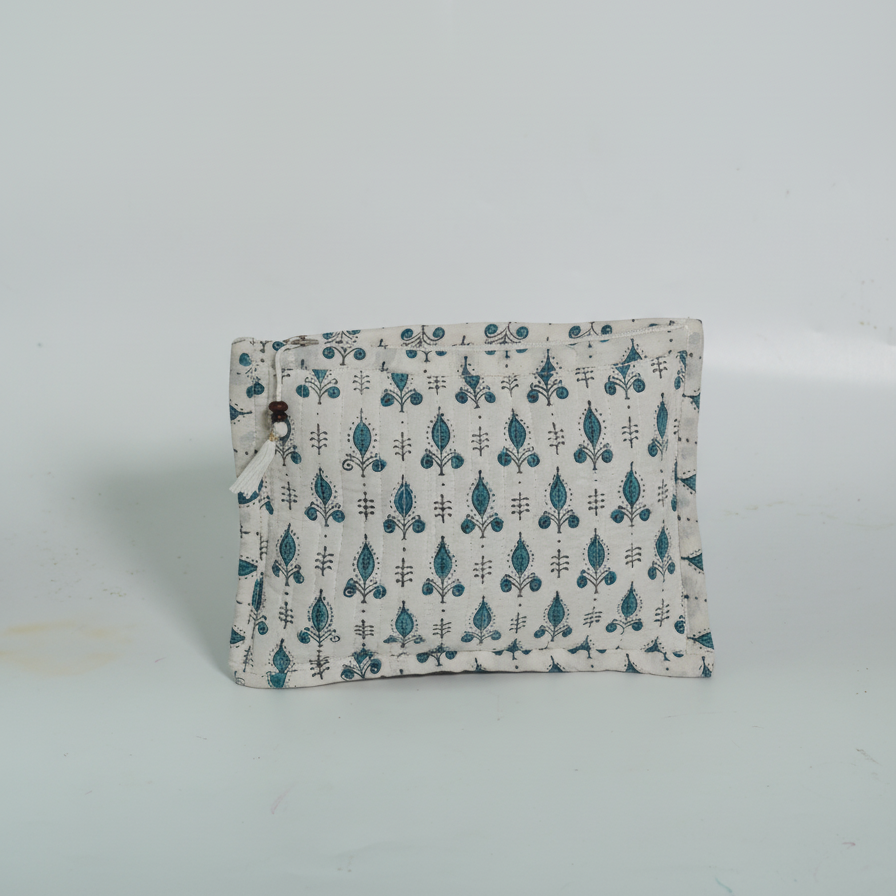 White Blue Sanganeri Buti Print Cotton Zipper Pouch