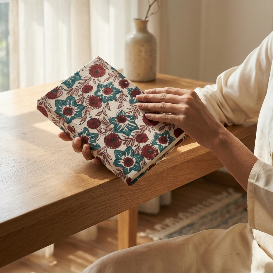 White Red Bagru Floral Print Notebook