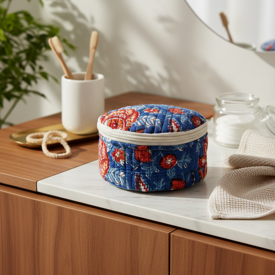 Blue Kalamkari Floral Print Round Jewelry Box