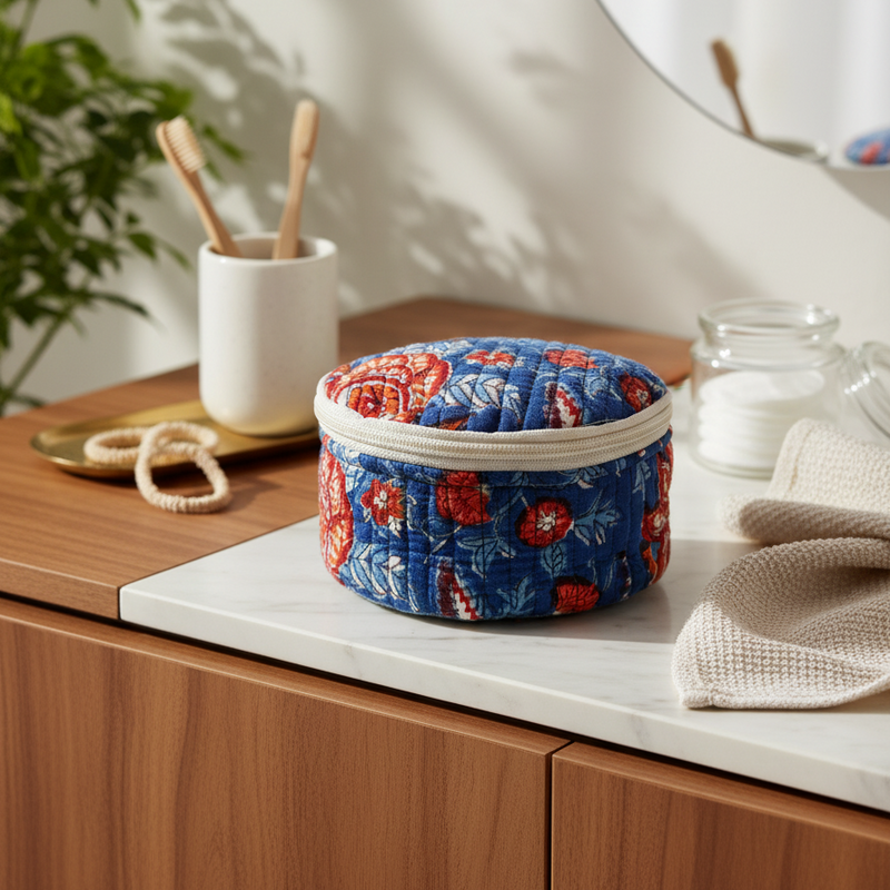 Blue Kalamkari Floral Print Round Jewelry Box