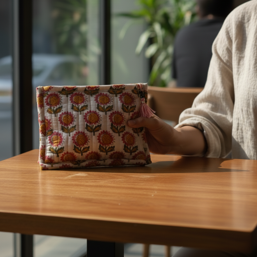 White Orange Sanganeri Buti Print Cotton Pouch