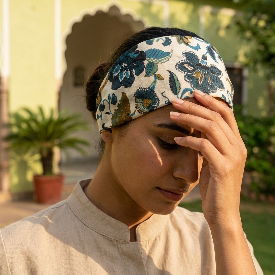 Beige Bagru Floral Print Hair Band