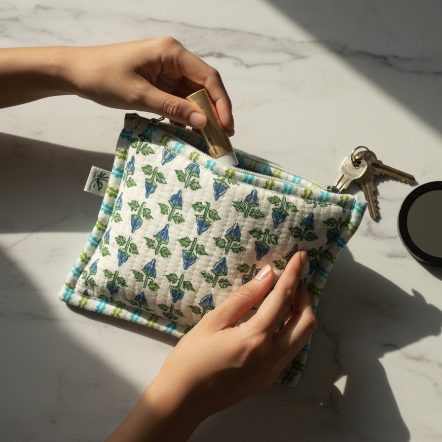 White Green Dabu Buti Print Cotton Pouch