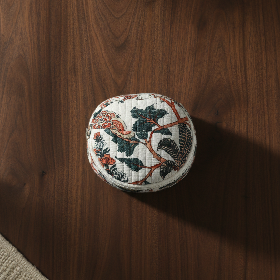 Ivory Multicolor Floral Print Round Vanity Case