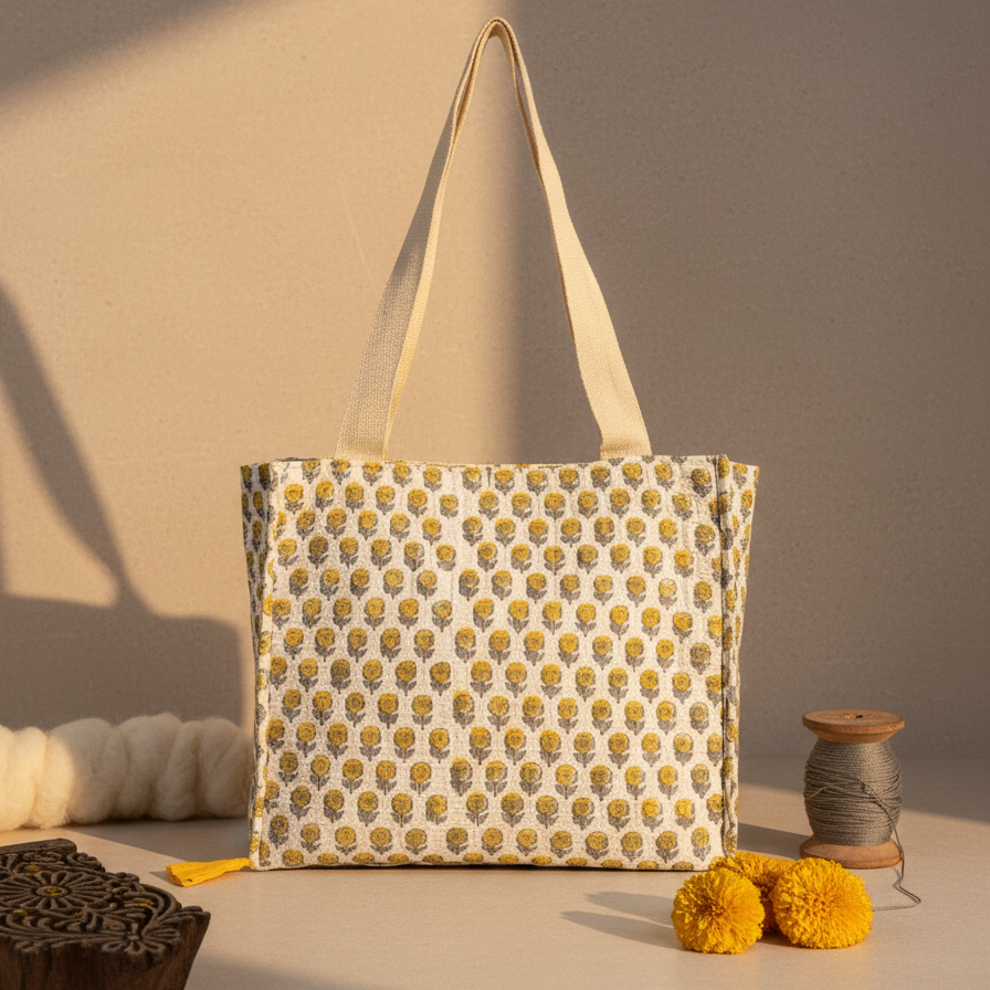 Beige Sanganeri Buta Print Drawstring Tote Bag