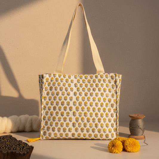 Beige Sanganeri Buta Print Drawstring Tote Bag