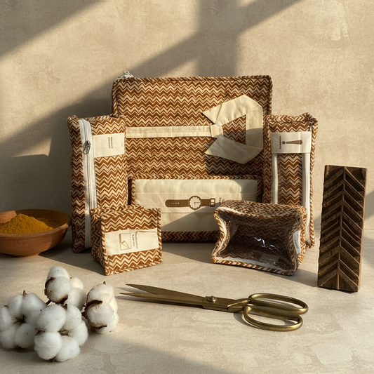 Brown Handwoven Textured Print Travel Organiser Set