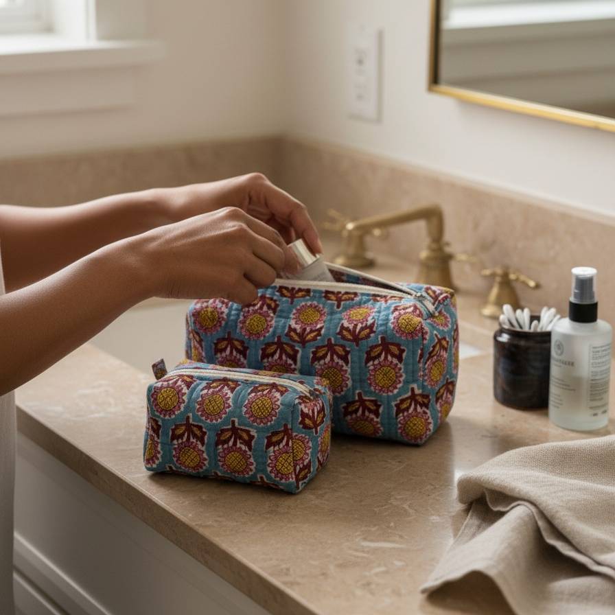 Multicolor Bagru Floral Print Quilted Travel Pouch Set