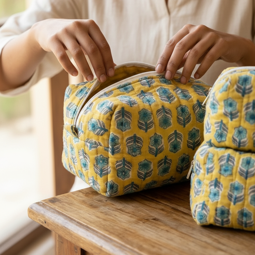 Yellow Bagru Buta Print Organiser Set