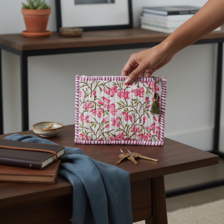 White Pink Sanganeri Floral Print Fabric Pouch