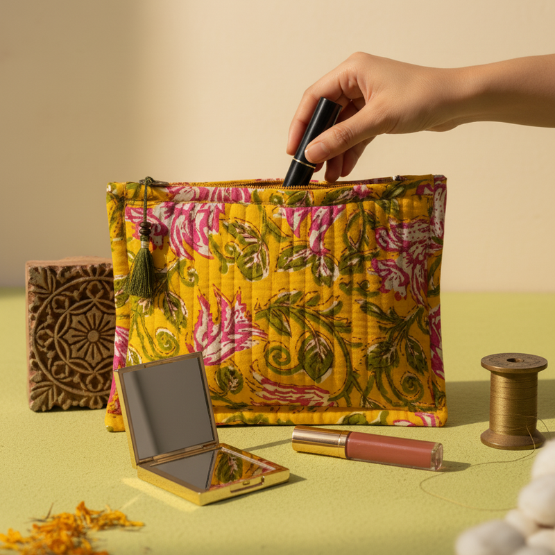 Multicolor Kalamkari Floral Print Pouch