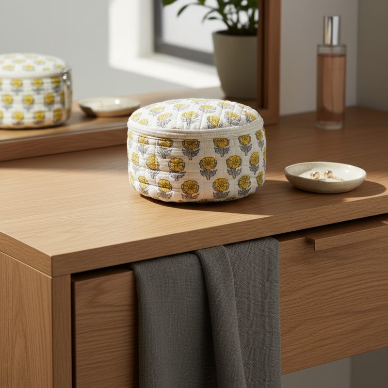 White Yellow Buti Print Round Jewelry Box