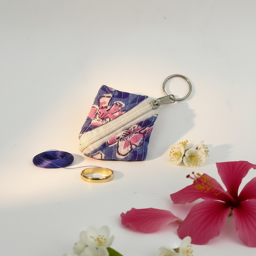 Indigo Bagru Floral Print Keychain Pouch
