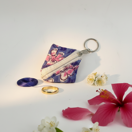 Indigo Bagru Floral Print Keychain Pouch