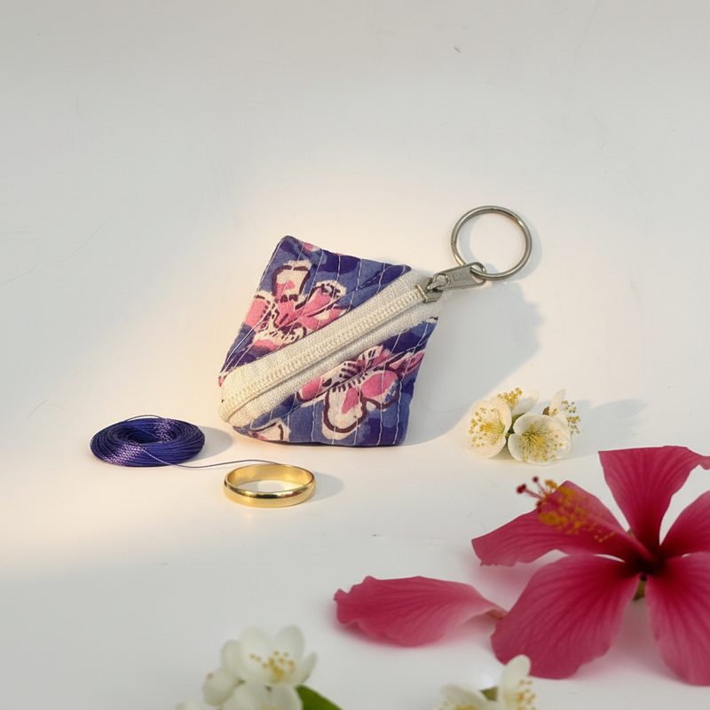 Indigo Bagru Floral Print Keychain Pouch