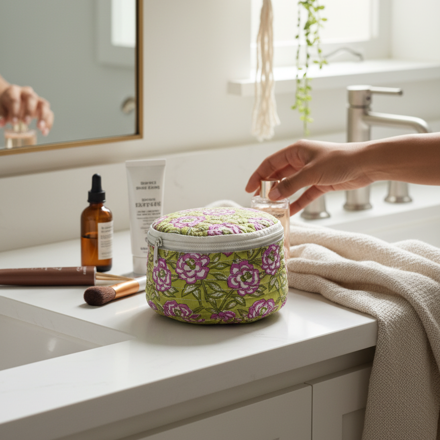 Green Pink Floral Print Round Vanity Case