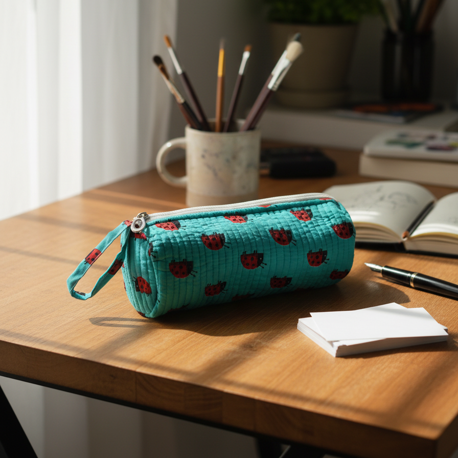 Turquoise Bagru Buti Print Pencil Pouch