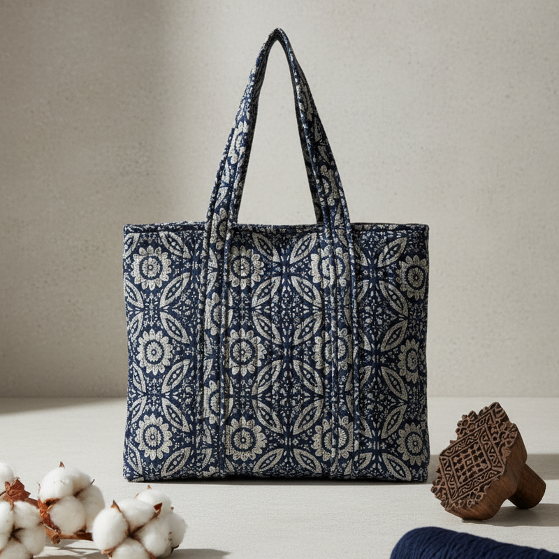 Indigo Ajrakh Geometric Print Tote Bag