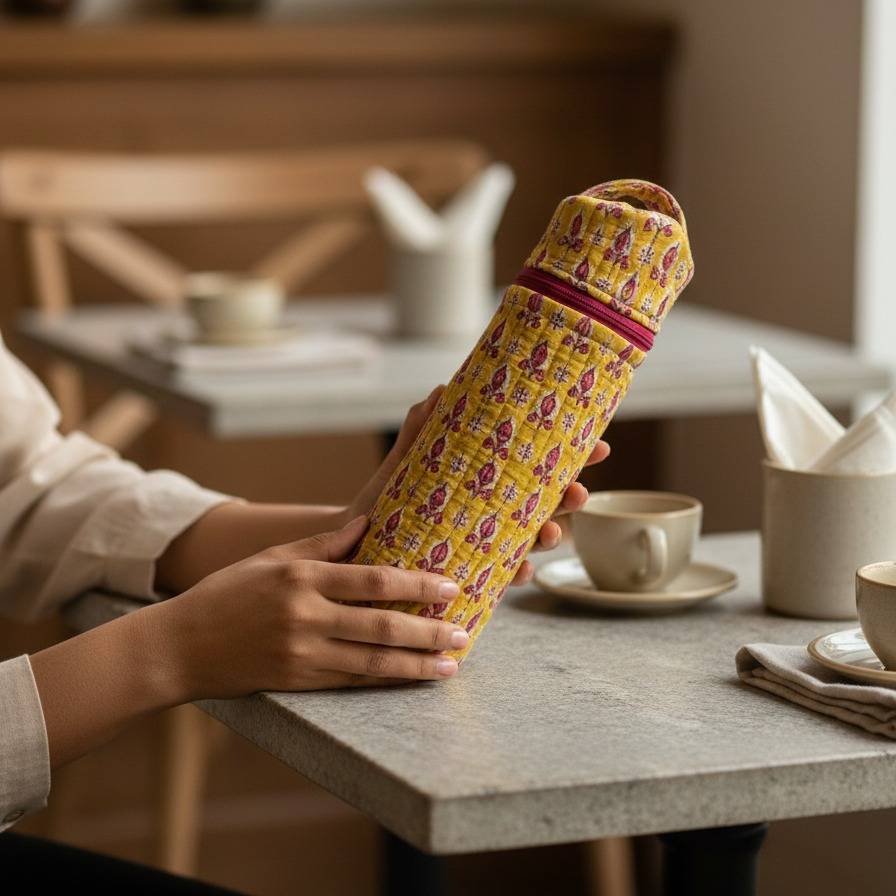 Mustard Sanganeri Booti Print Bottle Cover