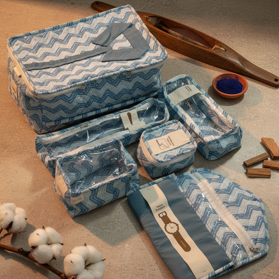 Sky Blue Dabu Chevron Print Travel Organizer Set