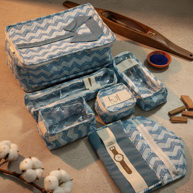 Sky Blue Dabu Chevron Print Travel Organizer Set