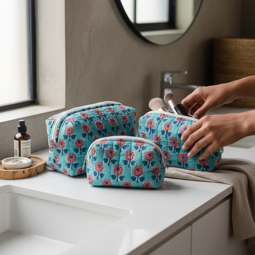 Turquoise Bagru Floral Print Quilted Storage Basket Set