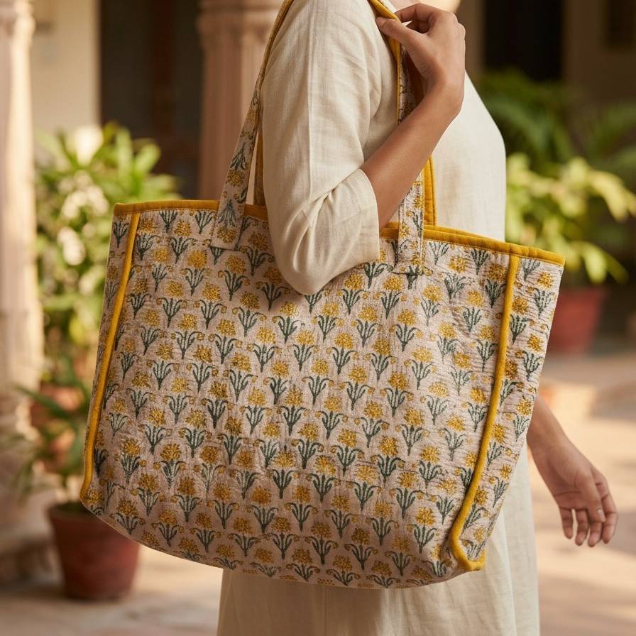 Mustard Sanganeri Buta Print Large Tote Bag