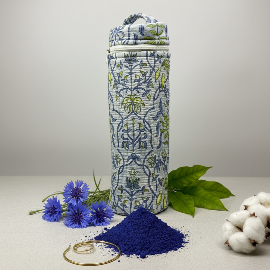 White Blue Sanganeri Floral Print Water Bottle Cover