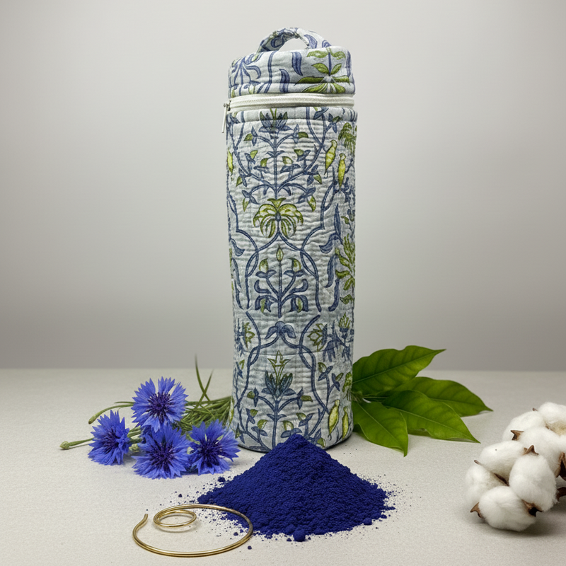 White Blue Sanganeri Floral Print Water Bottle Cover
