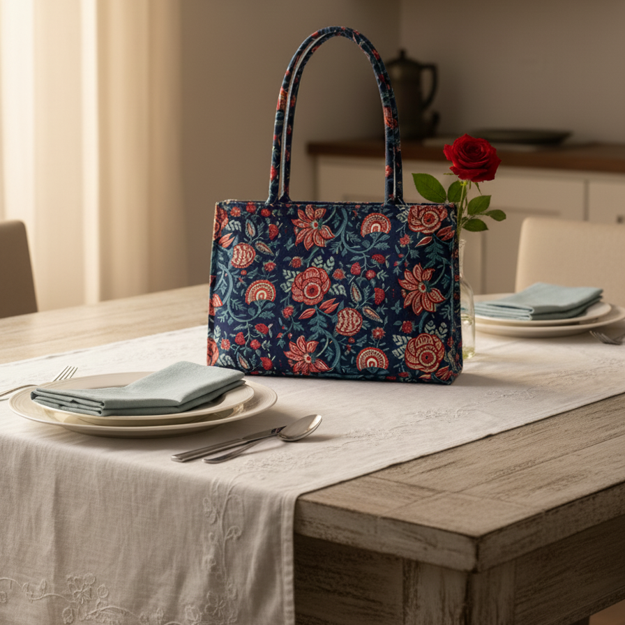 Indigo Bagru Floral Print Tote Bag