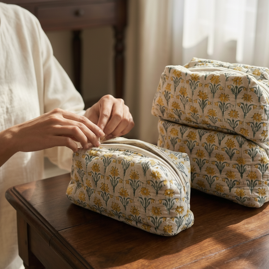 Mustard Bagru Buti Print Pouch Set