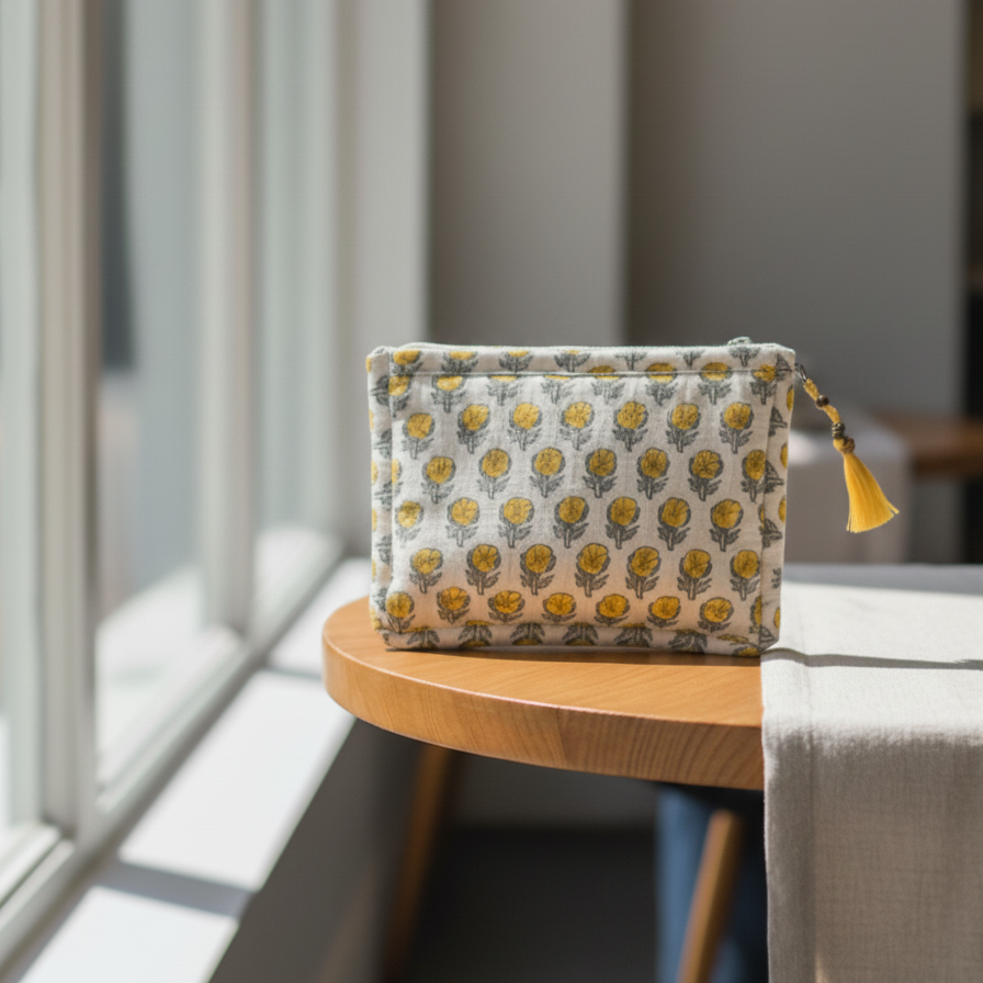 White Yellow Floral Bagru Print Cotton Pouch