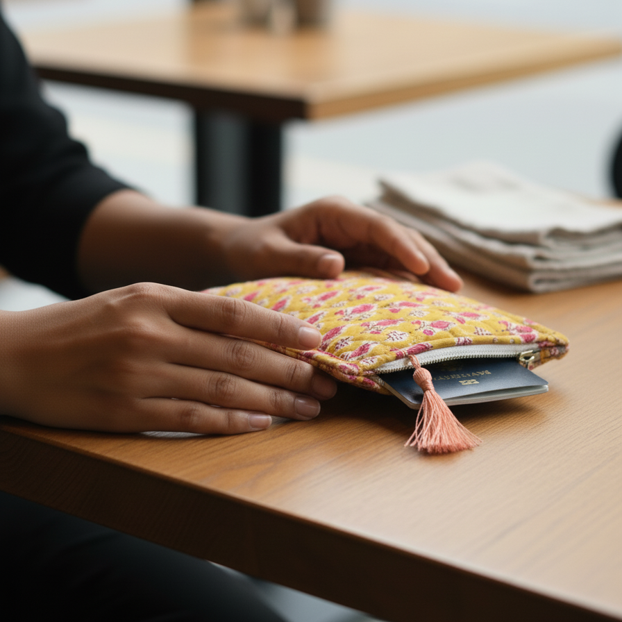 Mustard Bagru Buti Print Cotton Zipper Pouch