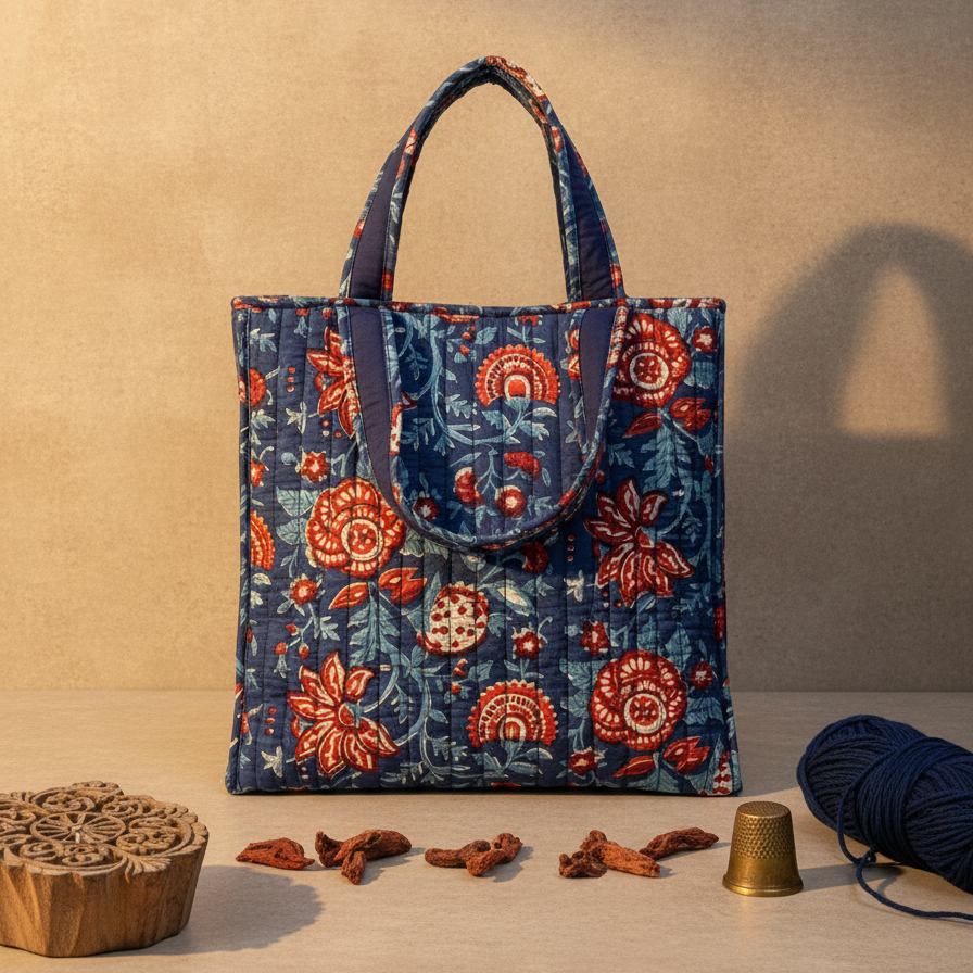 Indigo-Red Bagru Floral Print Shoulder Tote Bag