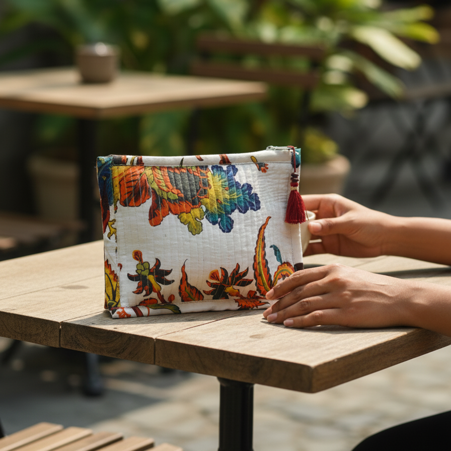 White Multicolor Kalamkari Animal Print Cotton Pouch