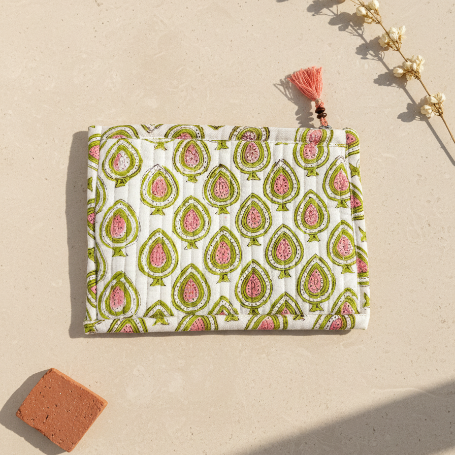 White Green Dabu Buti Print Cotton Pouch