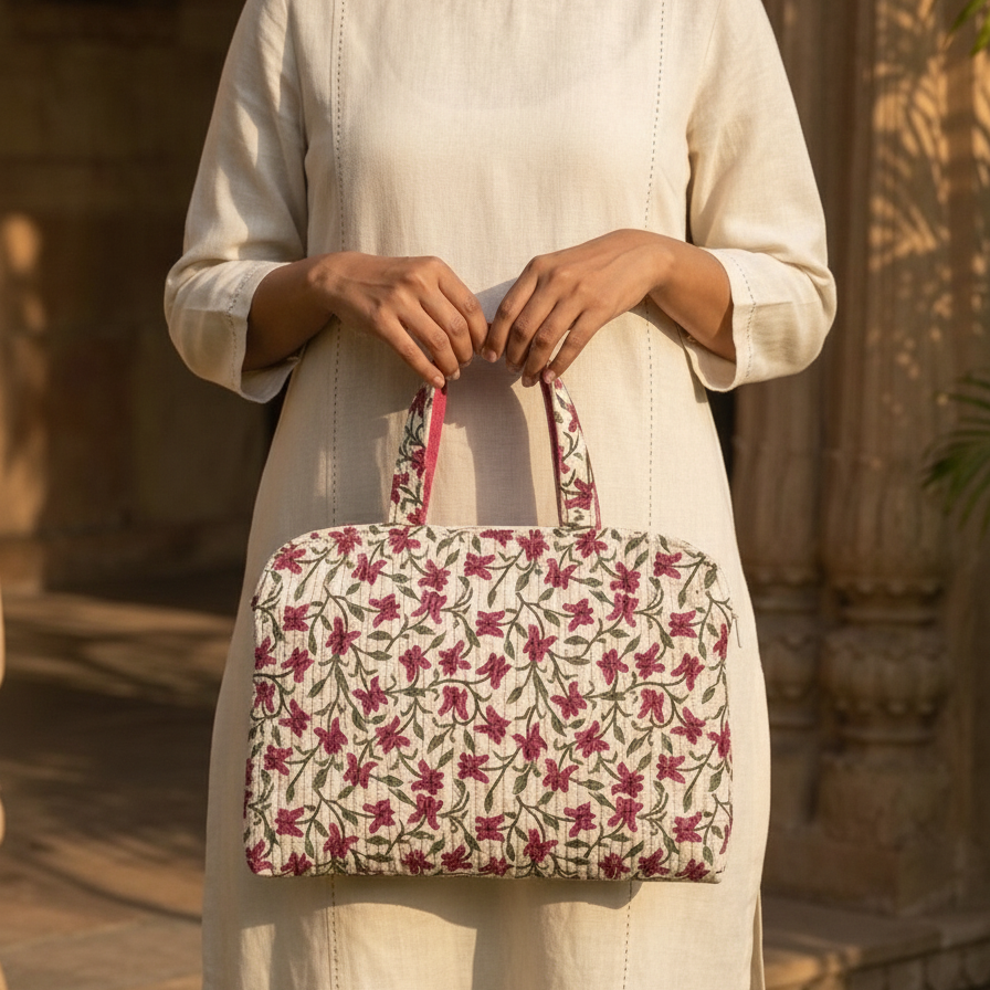 Cream Sanganeri Floral Print Handbag