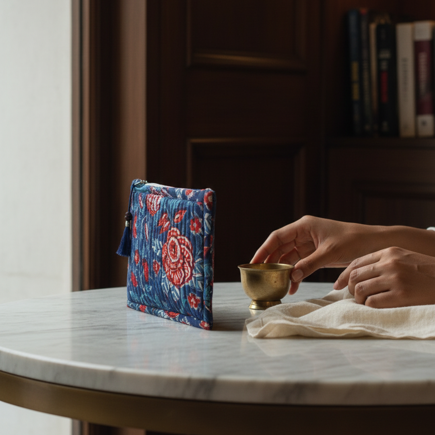 Navy Blue Kalamkari Floral Print Cotton Pouch