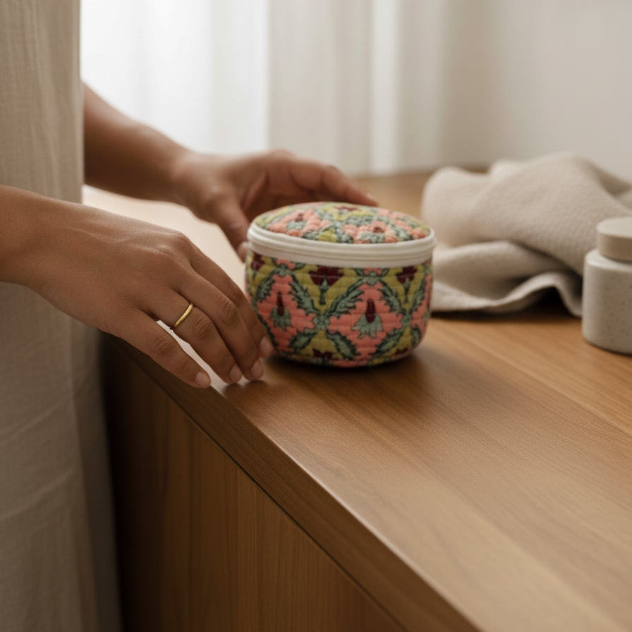 Beige Kalamkari Floral Print Round Jewelry Box