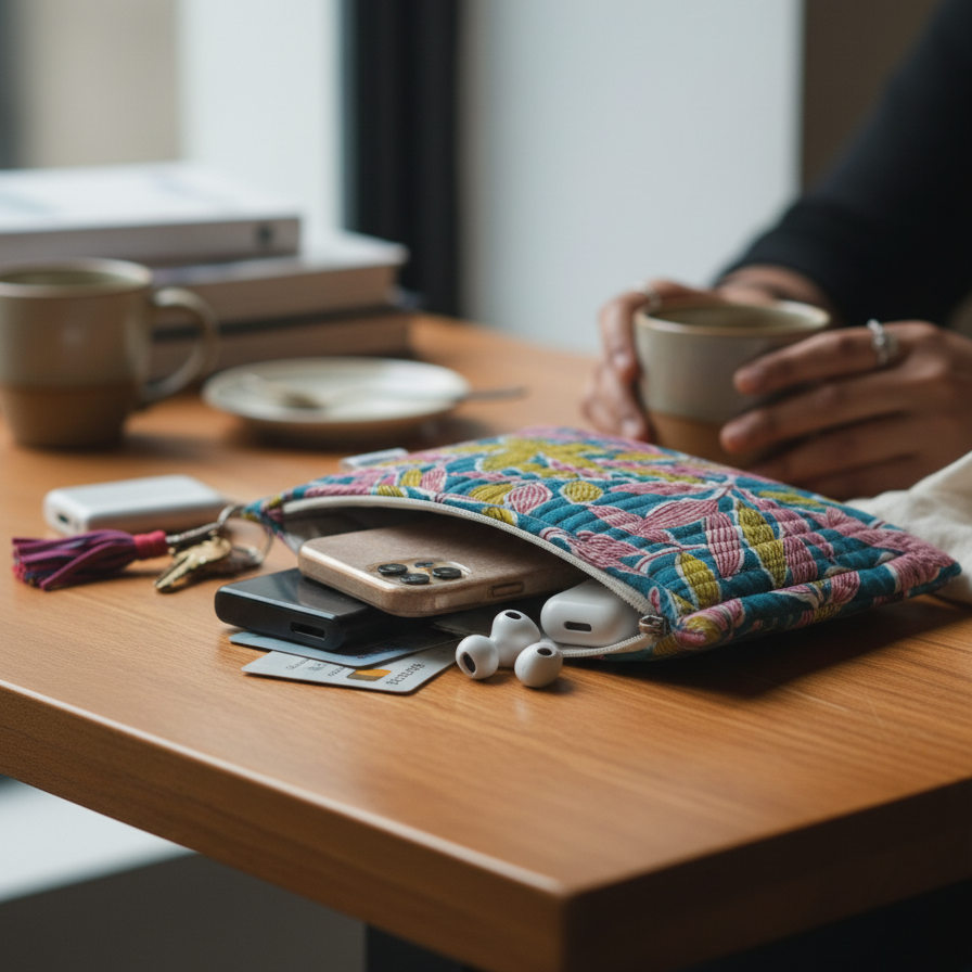 Multicolor Kalamkari Leaf Print Cotton Pouch