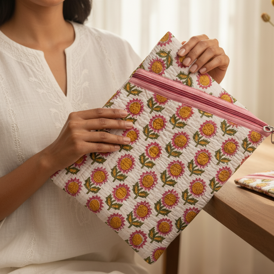 White Pink Sanganeri Buti Print Zipper Pouch