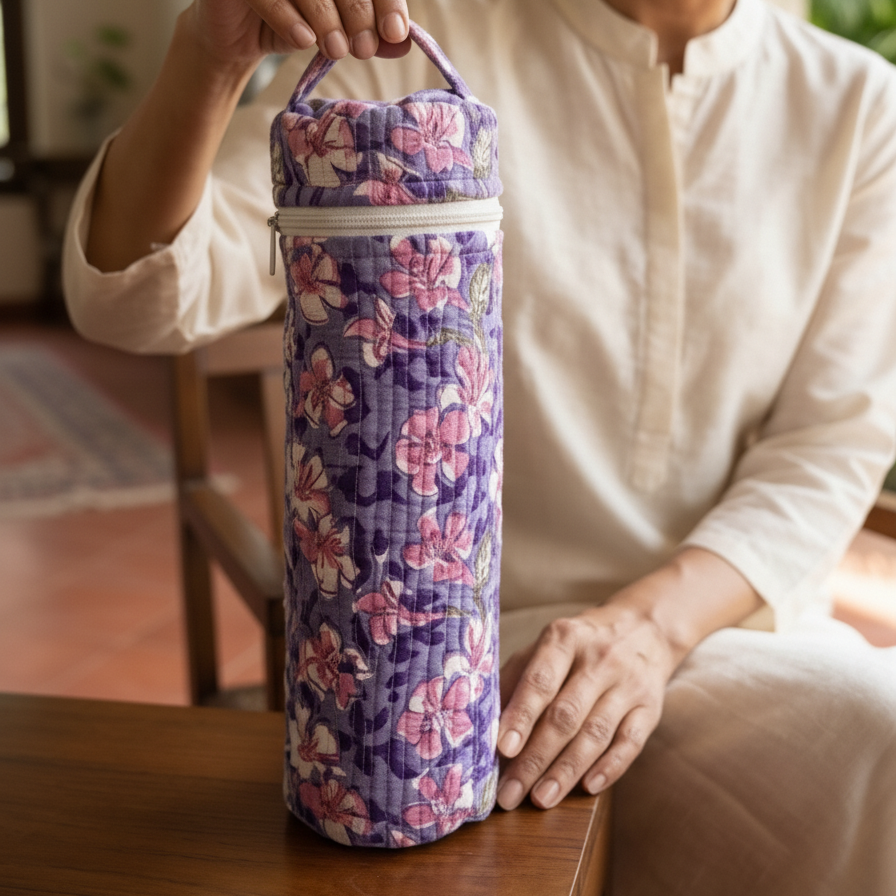 Purple Kalamkari Floral Print Bottle Cover