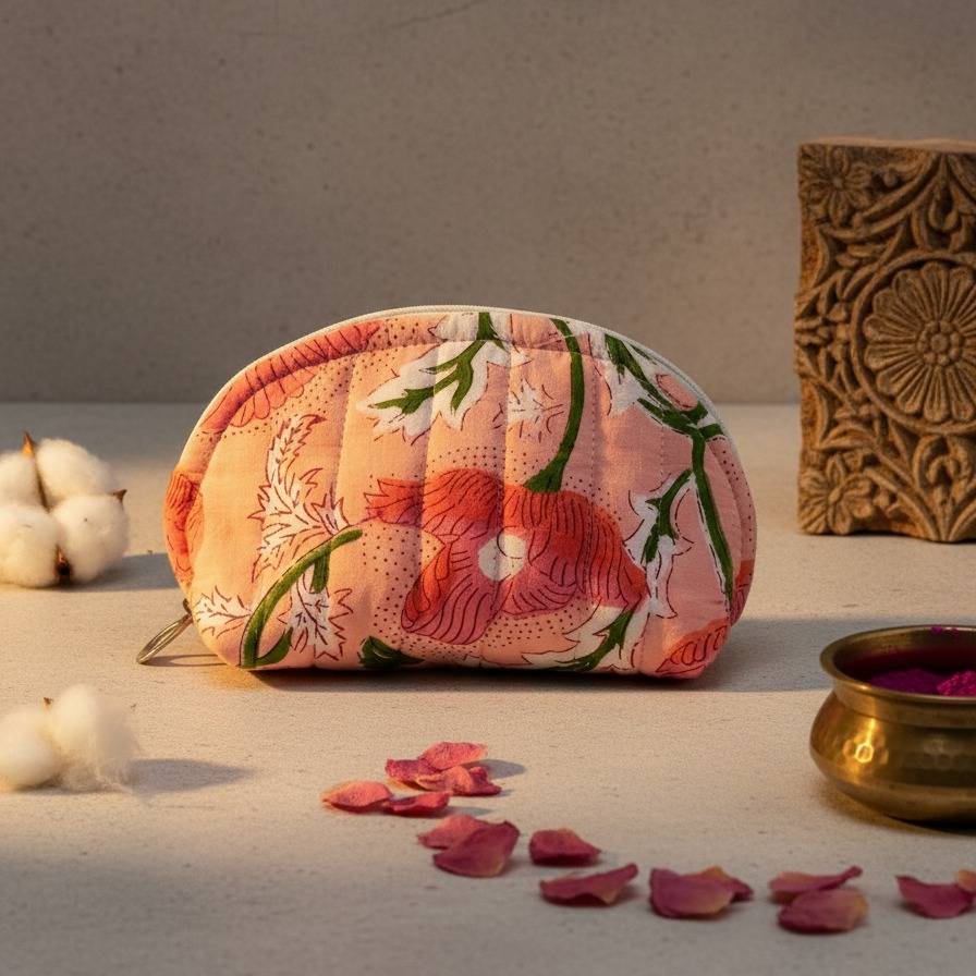 Peach Kalamkari Flower Print Cotton Pouch
