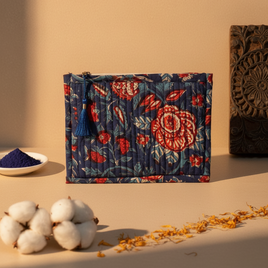 Navy Blue Kalamkari Floral Print Cotton Pouch