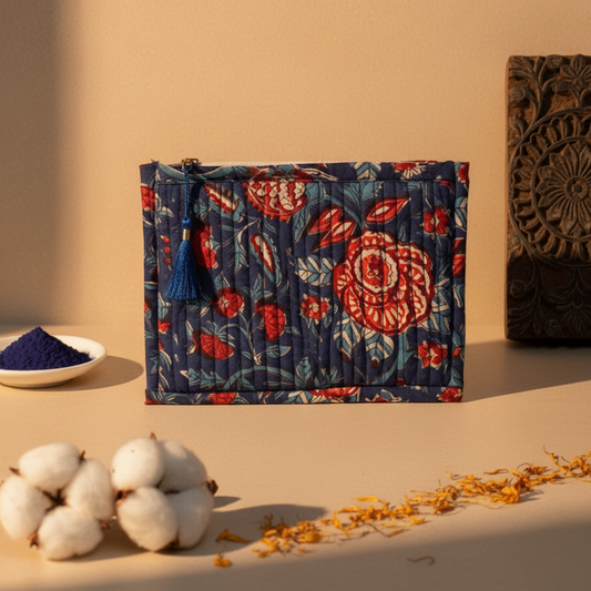 Navy Blue Kalamkari Floral Print Cotton Pouch
