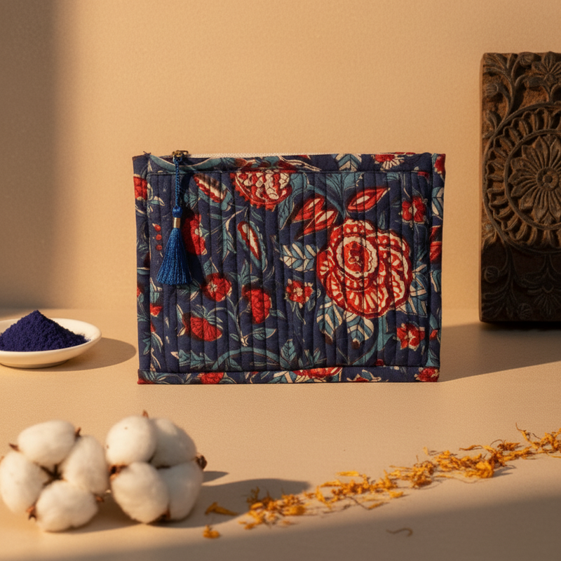 Navy Blue Kalamkari Floral Print Cotton Pouch