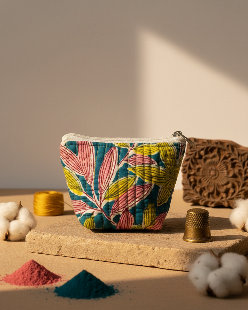 Multicolor Kalamkari Leaf Print Mini Pouch