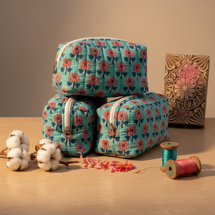 Turquoise Bagru Floral Print Quilted Storage Basket Set