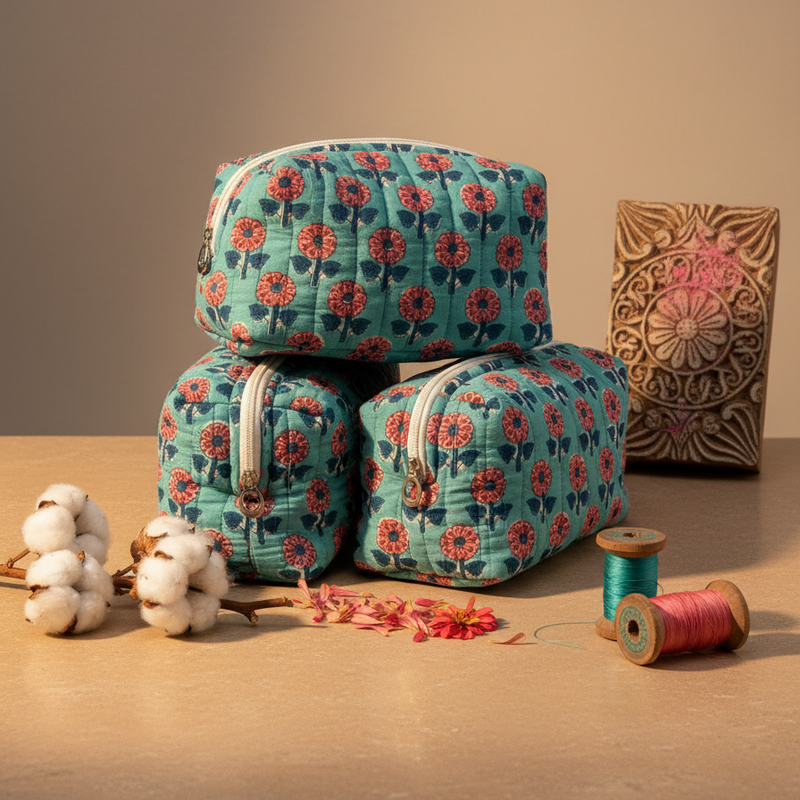 Turquoise Bagru Floral Print Quilted Storage Basket Set